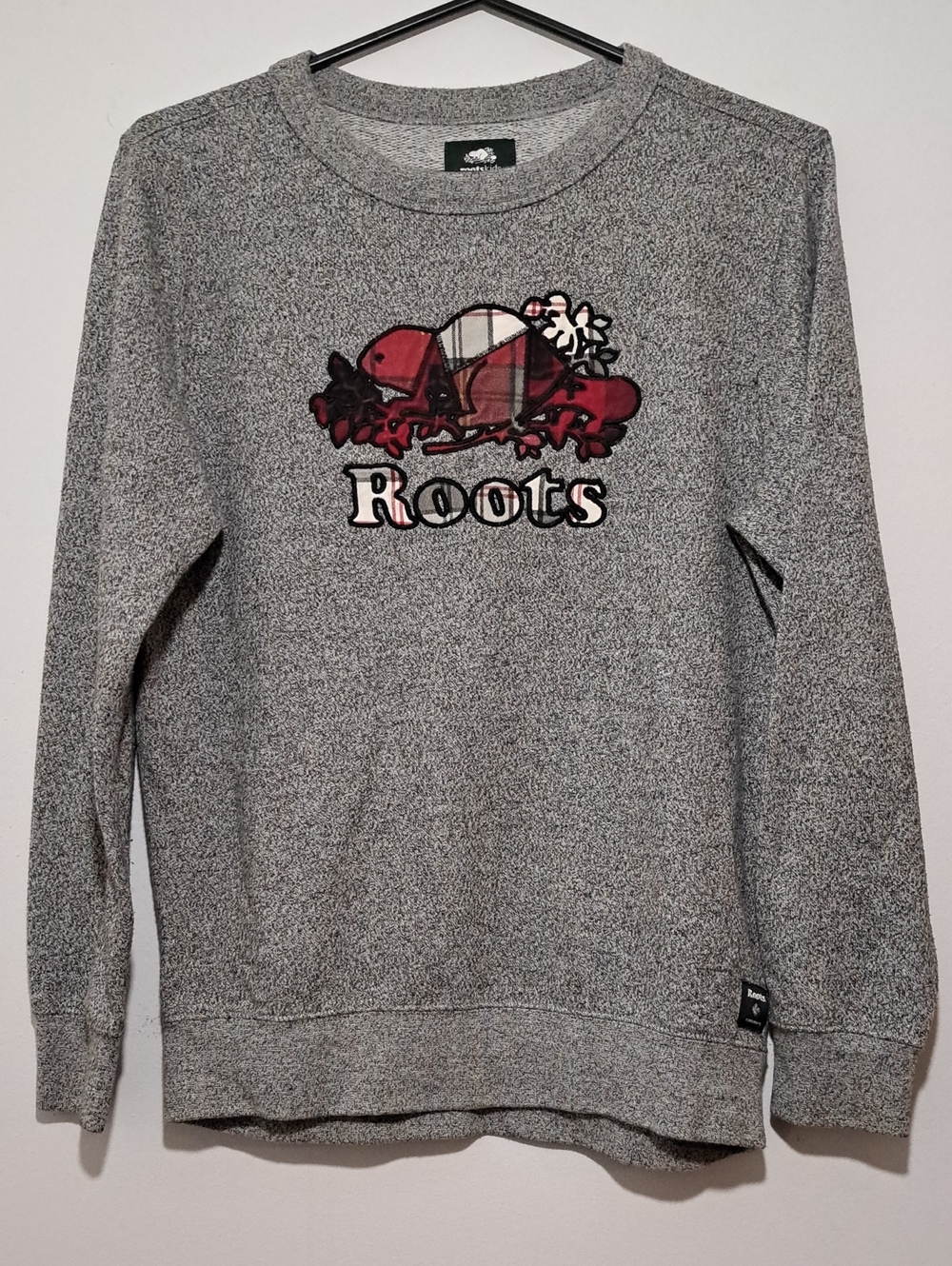Roots Grey Crewneck Sweatshirt with Red Plaid Logo